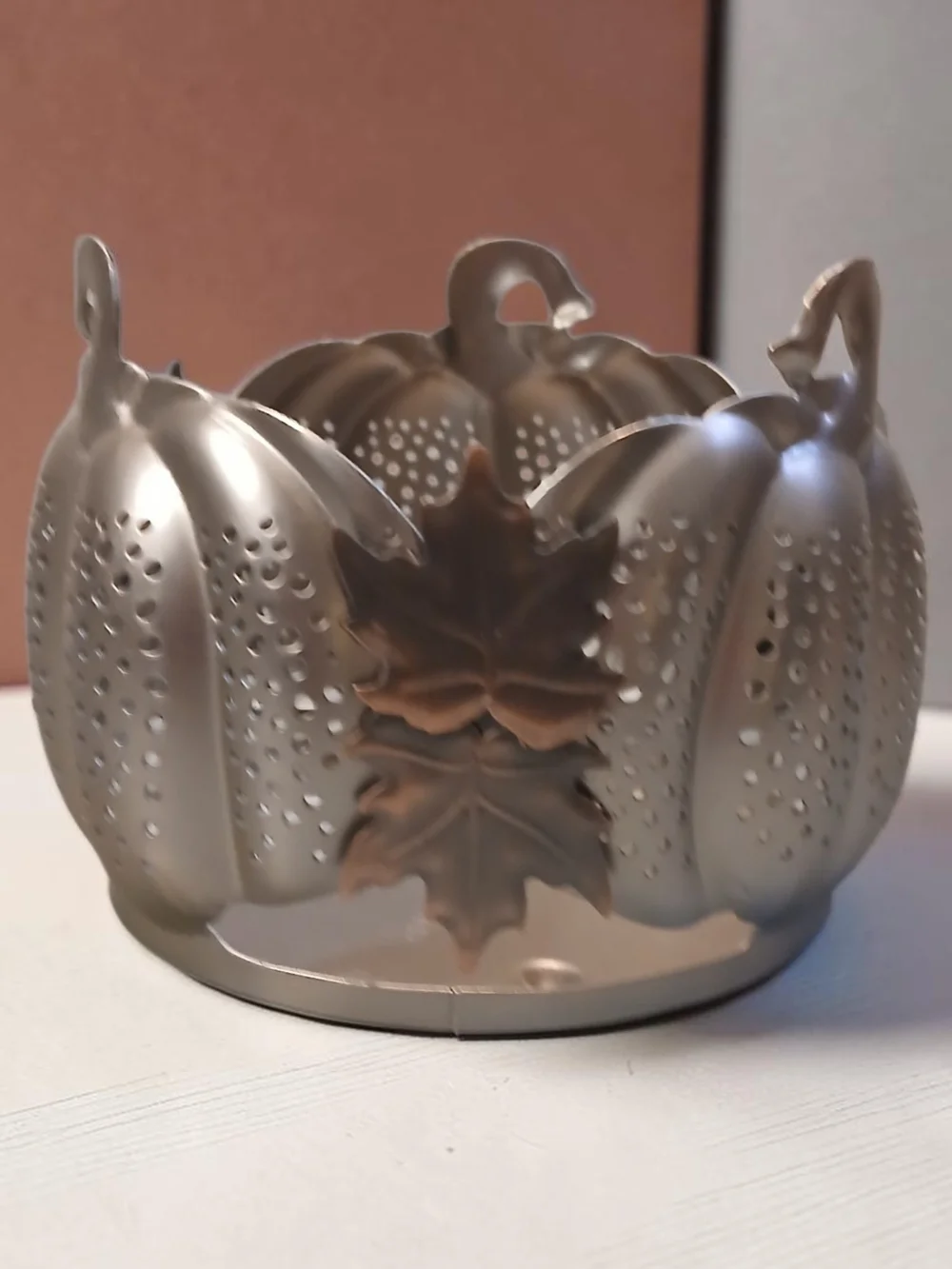 Decorative Silver Pumpkin Candle Holder - Leaf Accent